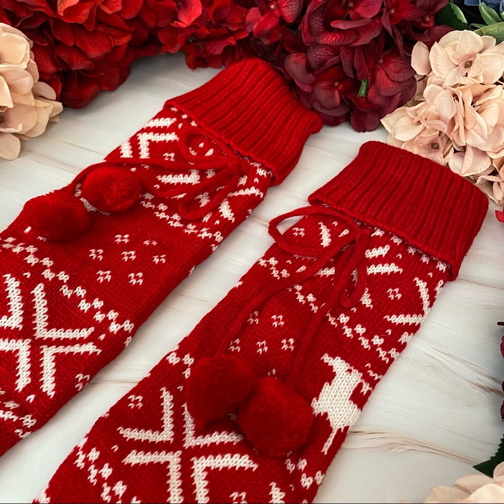 Sexy Over the Knee Red Knit Reindeer Snowflake Socks with Pom Poms - Picture 7 of 15